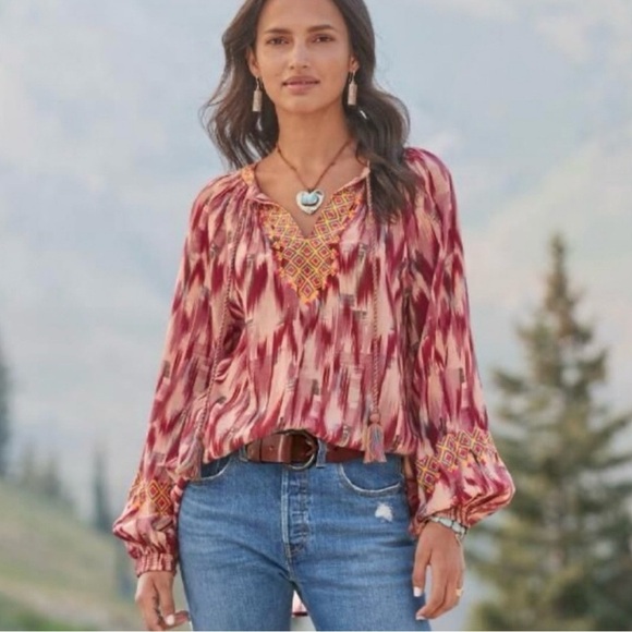 Sundance Tops - Sundance Distant Travels Boho Peasant Blouse XS Multico Embroidery Tassel Aztec